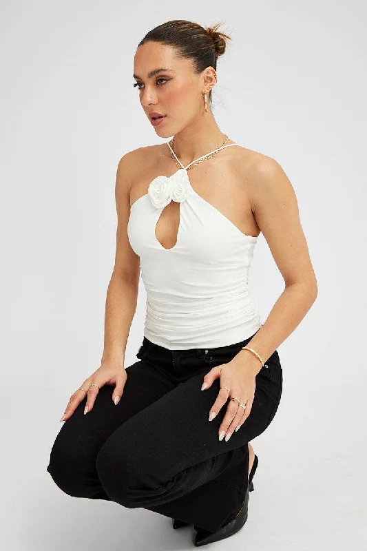 women's tops with unique designsWhite Rose Top Halter Neck Crossover Rosette Stretch