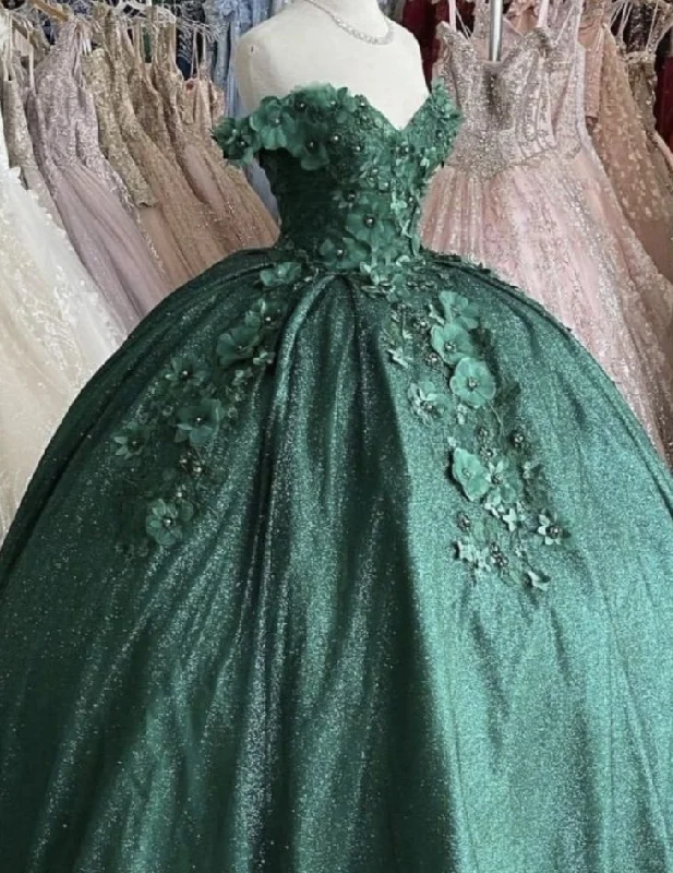 women's stretchy dressesOff The Shoulder Green Ball Gown With Flowers Sweet 16 Dress   gh919