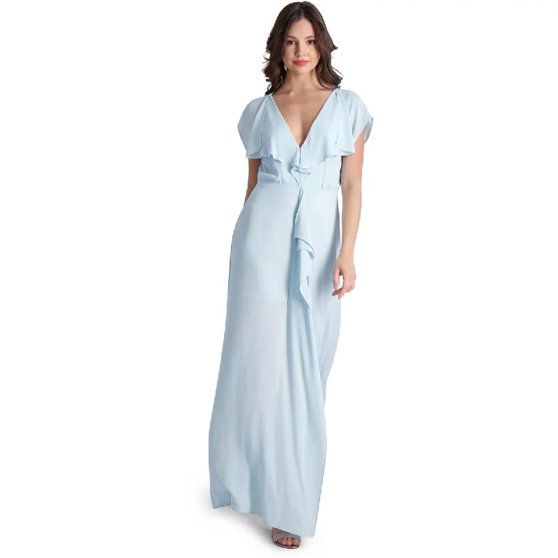 women's bow dressesBCBGMAXAZRIA Evette Women’s Ruffled Chiffon V-Neck Gown with Front Slit