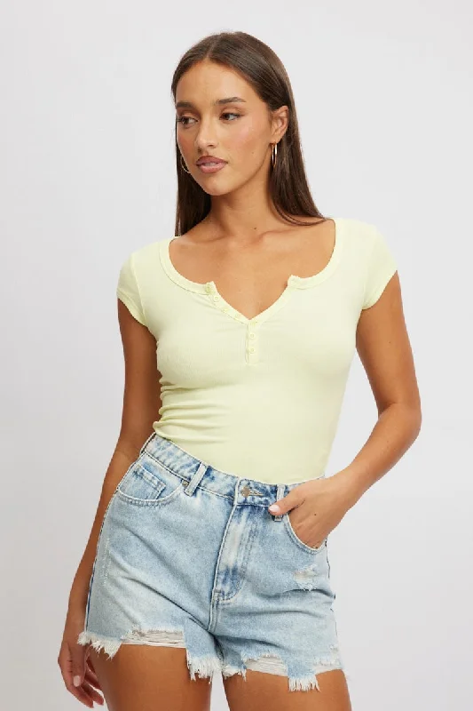 women's tops for summer festivalsYellow Button Down Tee Short Sleeve Rib