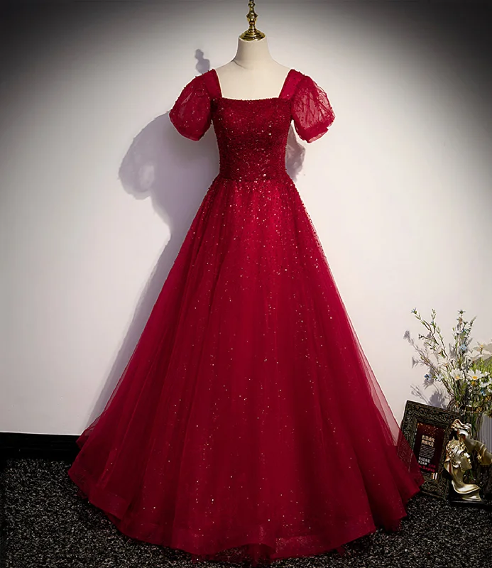 women's lace dressesBurgundy tulle beads long ball gown dress formal dress  10142