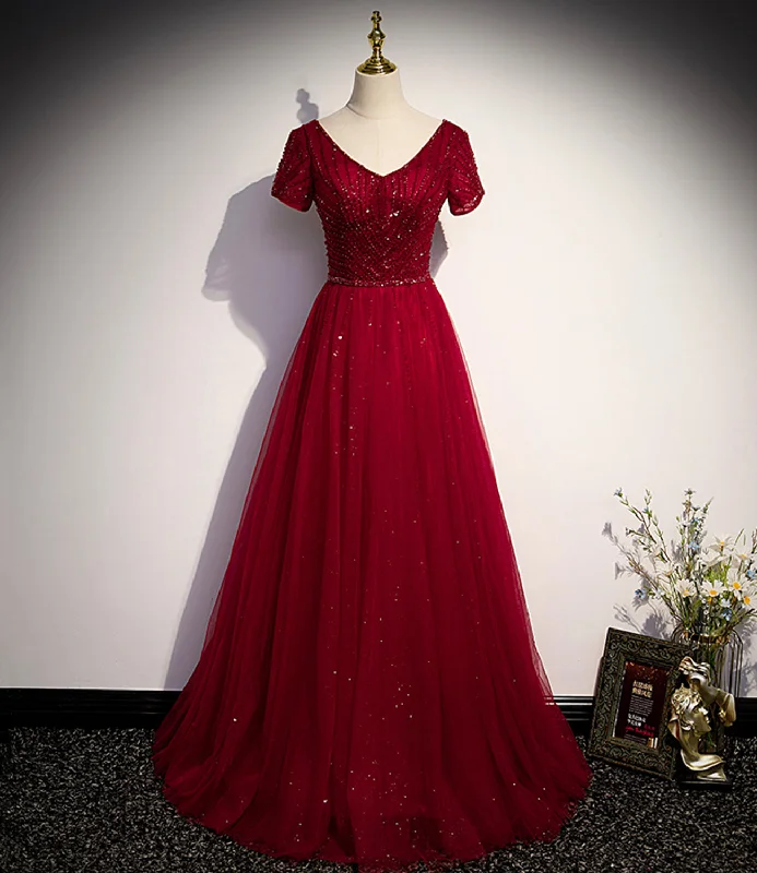 women's chiffon dressesBurgundy tulle beads long ball gown dress formal dress  10141