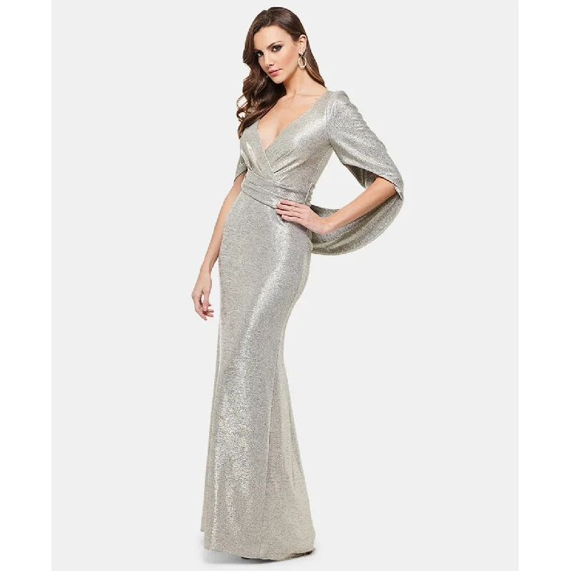 women's empire-line dressesBetsy & Adam Women's Metallic Surplice Cape Gown Silver Size 10