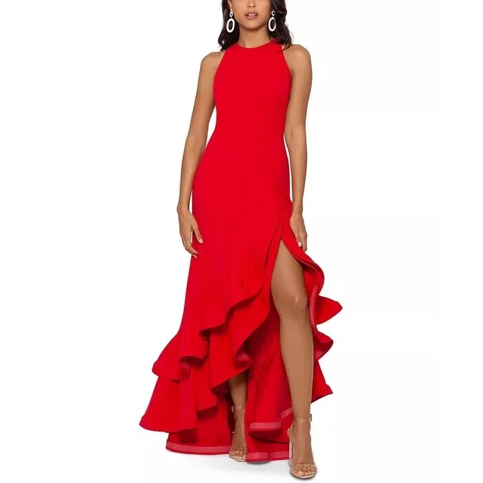 women's party dressesBetsy & Adam Women's Tiered Ruffles Scuba Crepe Gown Red Size 10