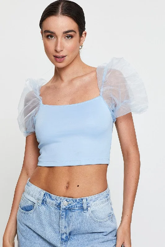 women's tops for vintage fashion enthusiastsBlue Designer Organza Puff Shoulder Top