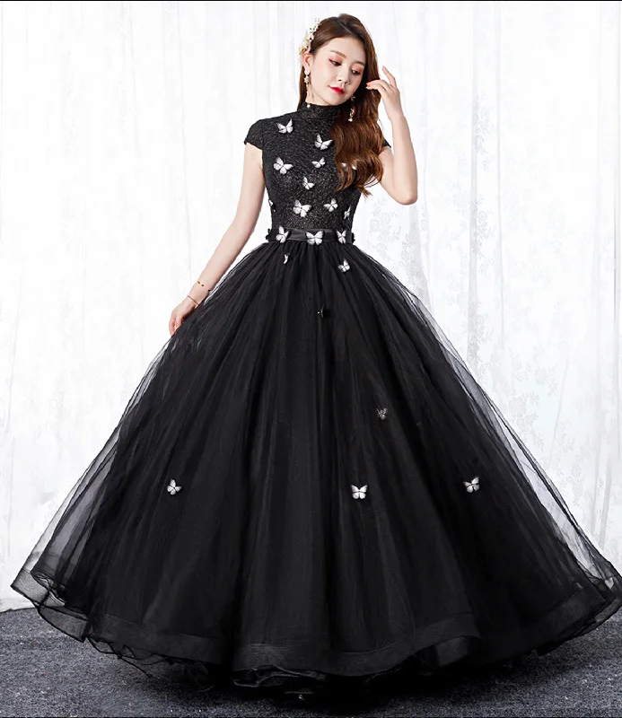 women's short-sleeved dressesBlack tulle long A line ball gown dress formal dress  8650