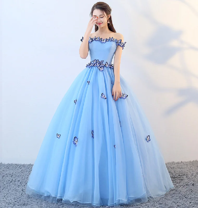 women's bell-sleeved dressesBlue tulle long ball gown dress formal dress  8627