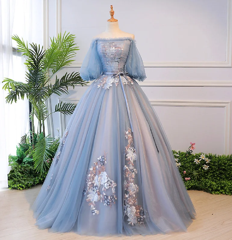 women's flutter-sleeved dressesBlue tulle lace long ball gown dress formal dress  8624