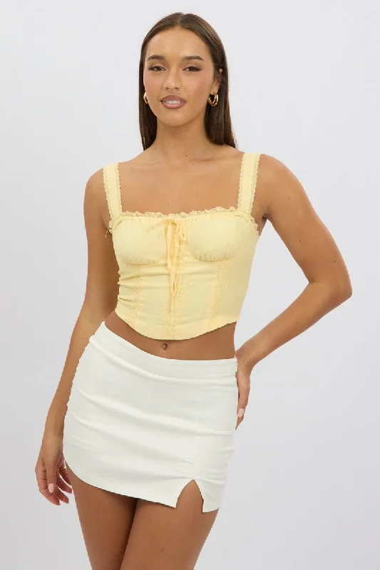 women's tops with ruffled hemsYellow Corset Crop Top Sleeveless Ruched Bust Lace Trim