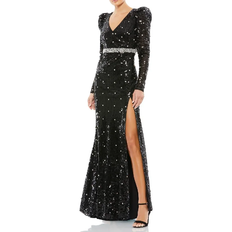 women's club dressesMac Duggal Women's Sequined Puff Sleeve V-Neck High Slit Gown