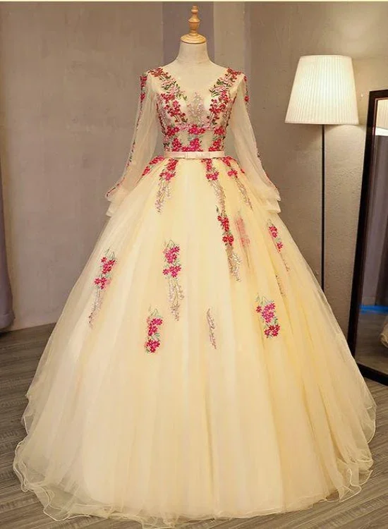 women's trendy dressesBeautiful Light Yellow Long Sleeves Quinceanera Dress, Ball Gown Sweet 16 Dress gh287