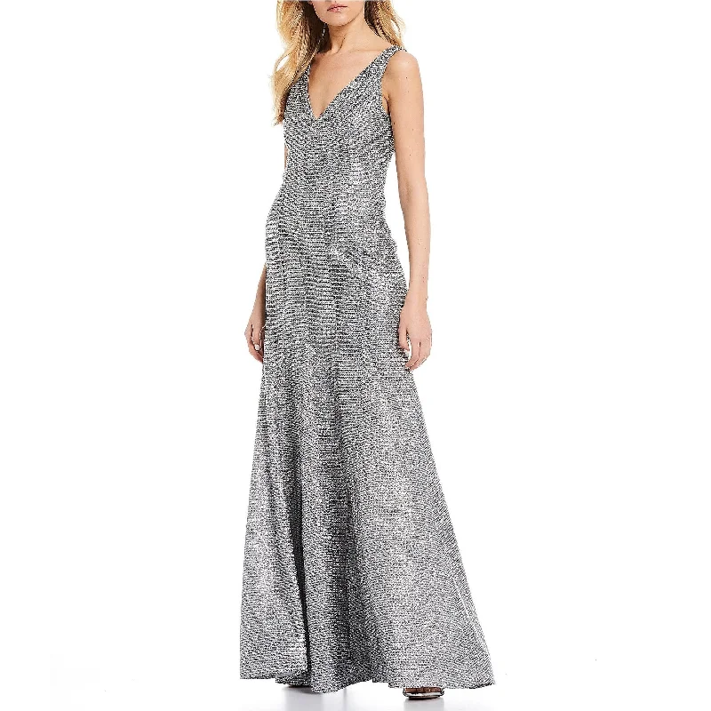 women's solid color dressesSequin Hearts Women's Glitter V-Neck Trumpet Gown Silver Size 0