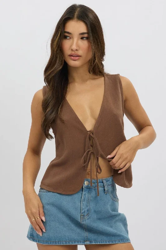 women's tops for picnics in the parkBrown Abstract Tie Up Top Linen