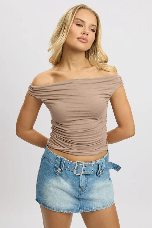 women's tops with cold-shoulder cuts and lace detailingBrown Off Shoulder Top