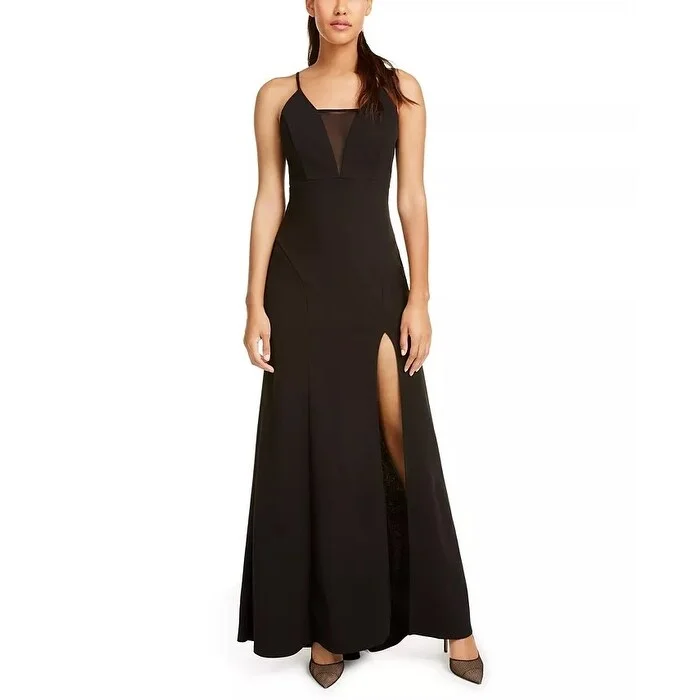 women's eco-friendly dressesEmerald Sundae Juniors' Strappy Illusion Slit Gown Black Size Large