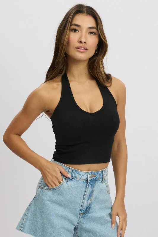 women's tops for those who want to stay warm and stylish during colder weatherBlack Halter Top Sleeveless Rib