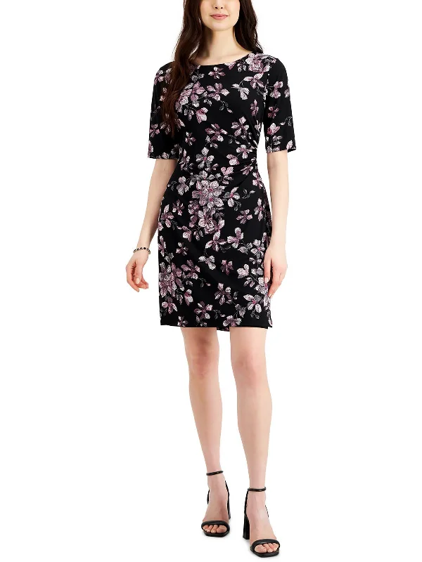 women's spaghetti strap dressesPetites Womens Floral Printed Side Ruched Mini Dress