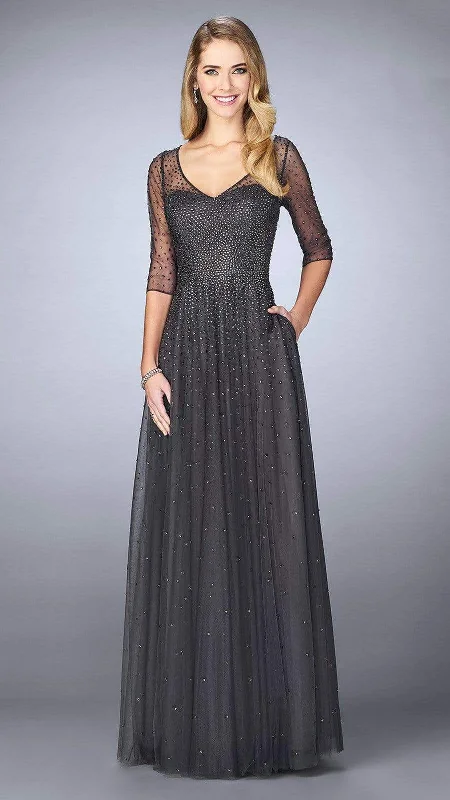 women's silk dressesLa Femme - 24894SC Sheered Sequined Quarter Length Sleeved Evening Gown