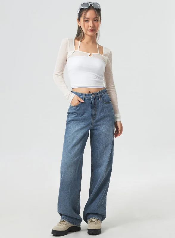 women's denim jeans with lace trimWide Leg Mid-Wash Jeans CM331