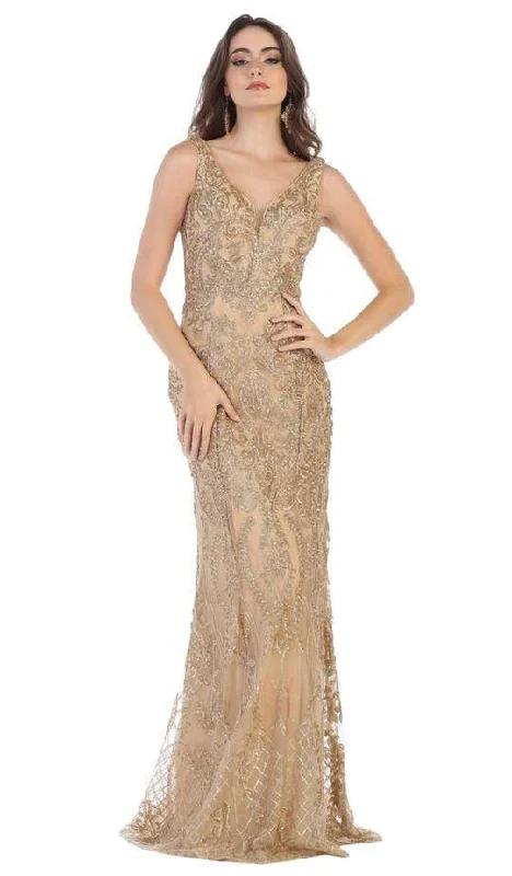 women's mini dressesMay Queen - Applique V-neck Trumpet Evening Gown RQ7662 - 1 pc Gold In Size 8 Available