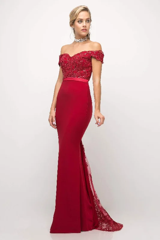 women's formal dressesCinderella Divine - UV001 Beaded Lace Off-Shoulder Bodice Mermaid Evening Gown  - 1 Pc. Deep Red in size 4 Available