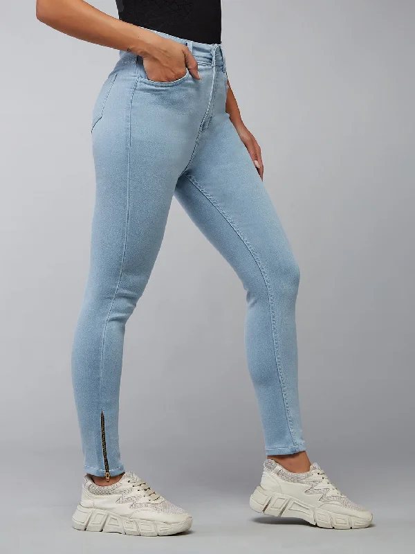 women's denim jeans with leather back pocketsWomen's Light Blue Skinny High-Rise Distressed Cropped Denim Jeans