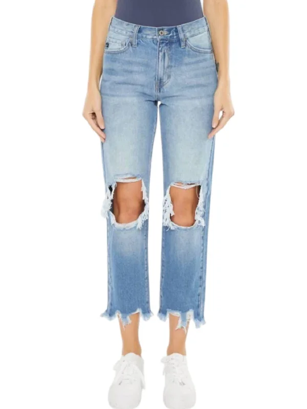 women's denim jeans for a bohemian lookHigh Rise Mom Relax Fit Denim Jeans In Blue