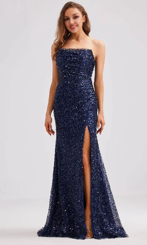 women's prom dressesJ'Adore Dresses J23020 - Draped Sequin Evening Dress with Slit