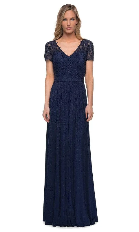 women's velvet dressesLa Femme - V-Neck Ruched Evening Dress 29772SC