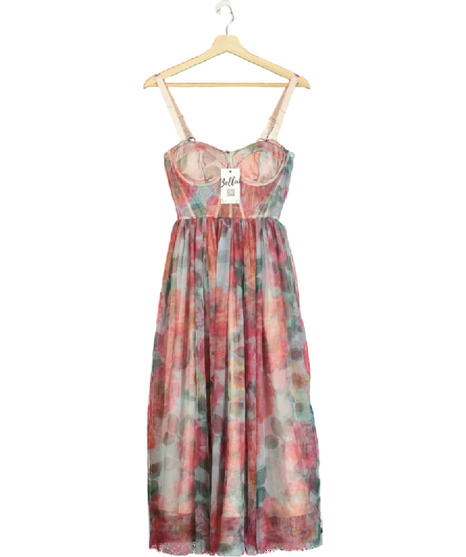 women's cotton dressesBella Barnett Pink Floral Mesh Midi Dress UK S