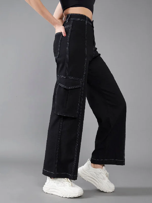 women's high-waisted denim jeans24/7 Comfort Women's Black Wide-Leg High-Rise Stretchable Cargo Denim Jeans