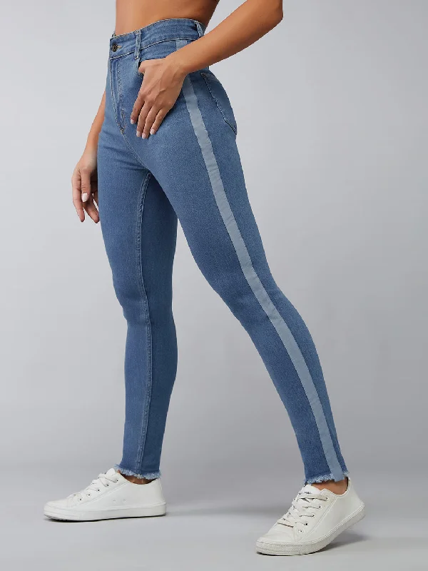 women's cropped denim jeansWomen's Blue Skinny High Rise Fringe And Silky Denim Tape Detailing Cropped Denim Jeans