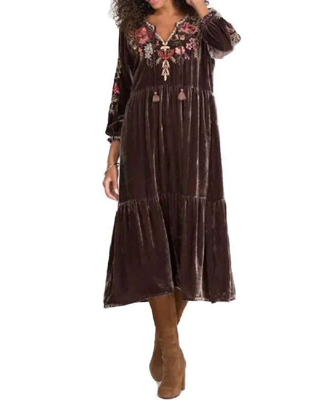 women's silk dressesTaline Velvet Boho Midi Dress In Coffee Bean