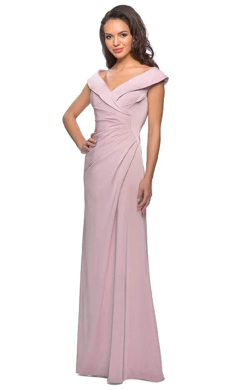 women's wrap dressesLa Femme - Ruched Wide V Neck Evening Dress 26523SC