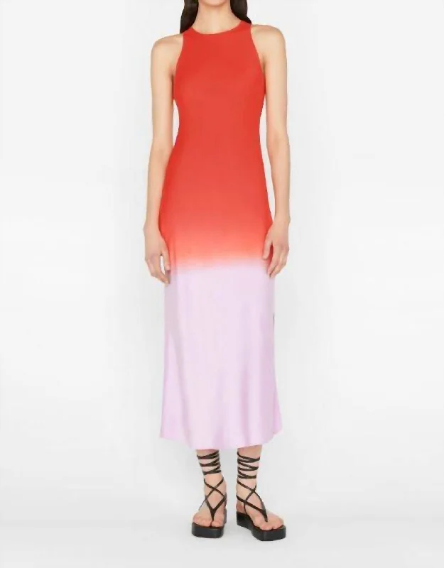 women's easy-to-wear dressesBias Dip Dye Midi Dress In Red Orange Multi