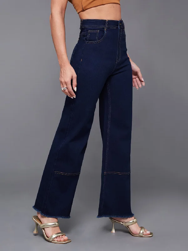 women's denim jeans with embroidered back pockets24/7 Comfort Women's Navy Blue Wide Leg High Rise Stretchable Denim Jeans