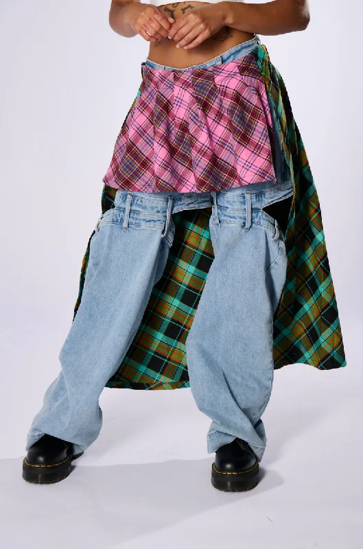 women's checked skirtsMIXED PRINTS PLAID BELT SKIRT