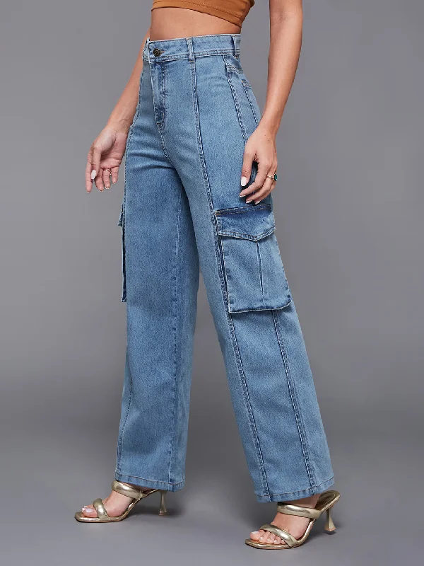 women's denim jeans with belt loops24/7 Comfort Women's Blue Wide Leg High Rise Stretchable Cargo Denim Jeans