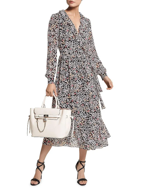 women's stretch dressesWomens Floral Crepe Midi Wrap Dress