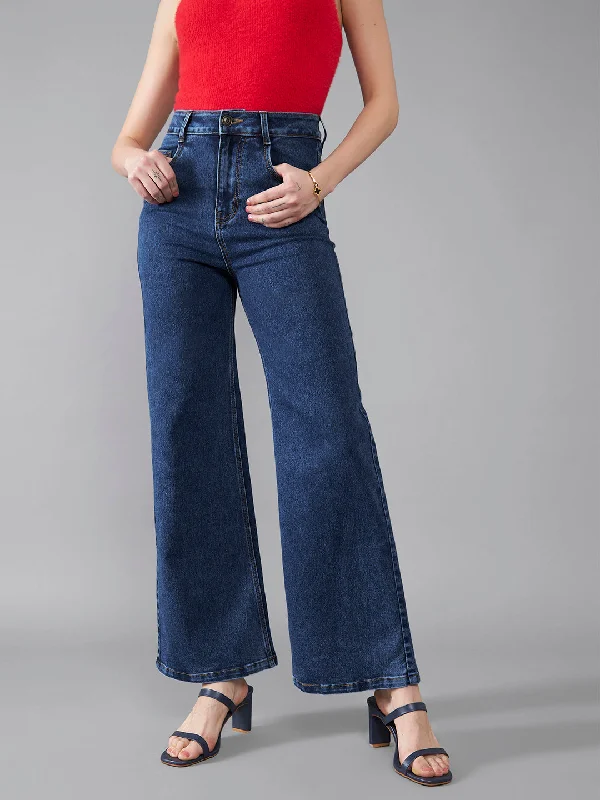 women's denim jeans for pear-shaped bodies24/7 Comfort Women's Mid Blue Wide Leg High Rise Stretchable Denim Jeans