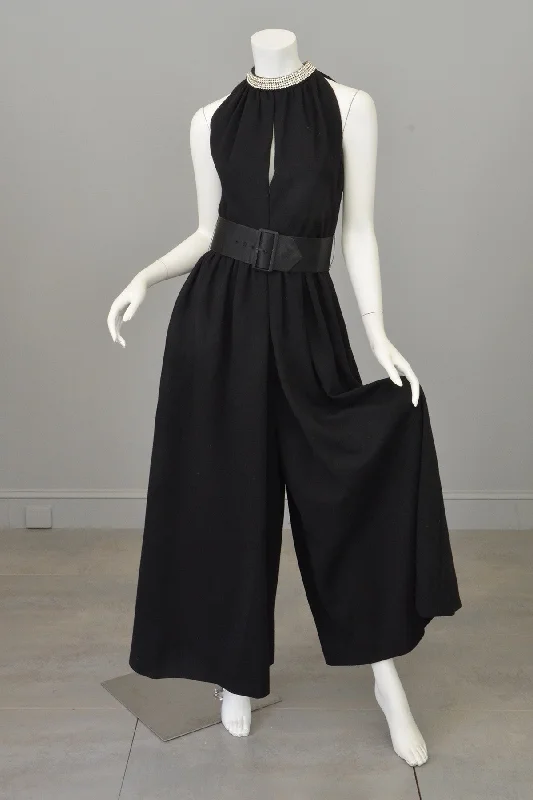 women's jumpsuits with bow ties1970s Black Knit Keyhole Crystal Beaded Wide Leg Palazzo Jumpsuit