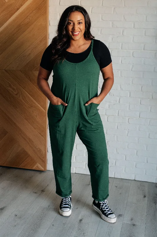 women's chic jumpsuitsTotally Me Spaghetti Strap Jumpsuit in Dark Green