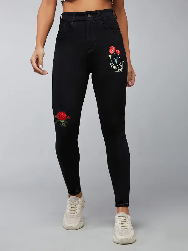 women's denim jeans with raw hemsWomen's Black Slim Fit High Rise Rose Applique Detailing Denim Jeans