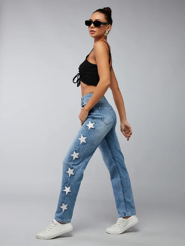 women's flare denim jeans24/7 comfort Women's Light Blue Slim Fit High Rise Y2K Star Patch Stretchable Denim Jeans