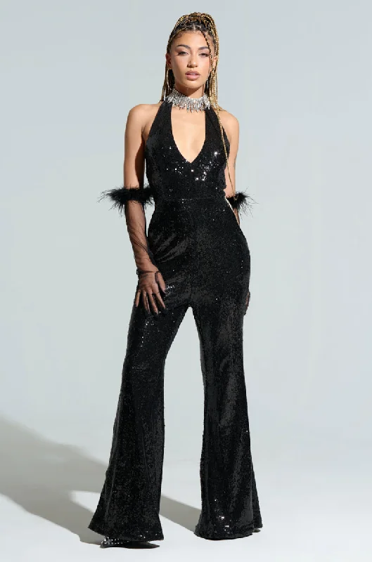 women's jumpsuits for moisture-wicking materialsWE WILL ROCK YOU SEQUIN MESH JUMPSUIT