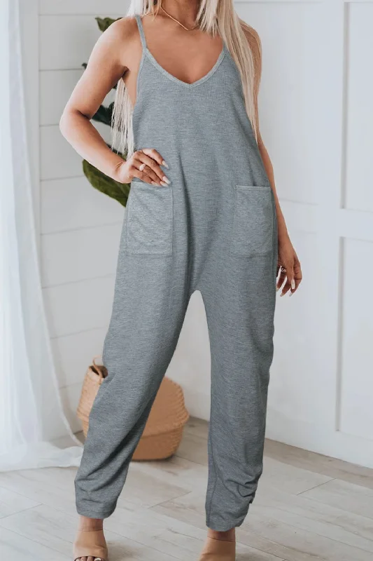 women's jumpsuits made of satinPocketed V-Neck Spaghetti Strap Jumpsuit - Grey