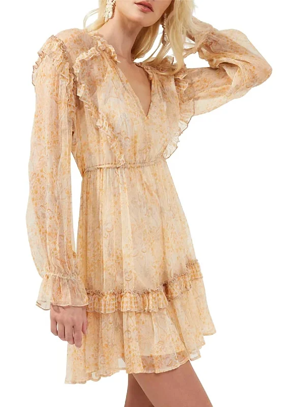 women's chiffon dressesCallie Crinkle Ruffle Mini Dress In Oak Buff Multi