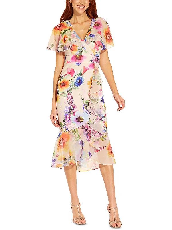 women's halter dressesWomens Floral Print Faux Wrap Midi Dress