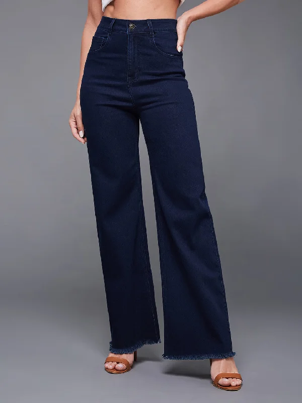 women's ankle-length denim jeans24/7 Comfort Women's Navy Blue Wide-Leg High-Rise Stretchable Denim Jeans