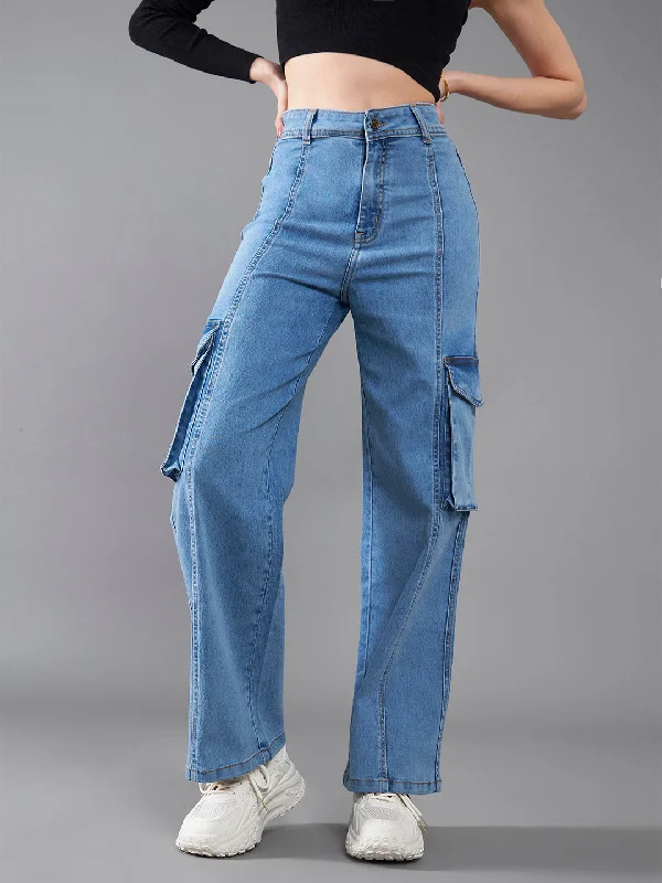 women's light denim jeans24/7 Comfort Women's Blue Wide-Leg High-Rise Stretchable Cargo Denim Jeans